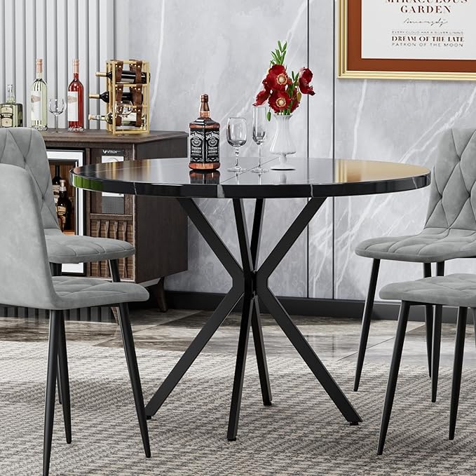 Round Dining Table, 39 Inch Modern Round Kitchen Table Black Dining with Black X Base, Kitchen Table Leisure Table for 4-5 People Small Space Dining Room, Apartment, Kitchen