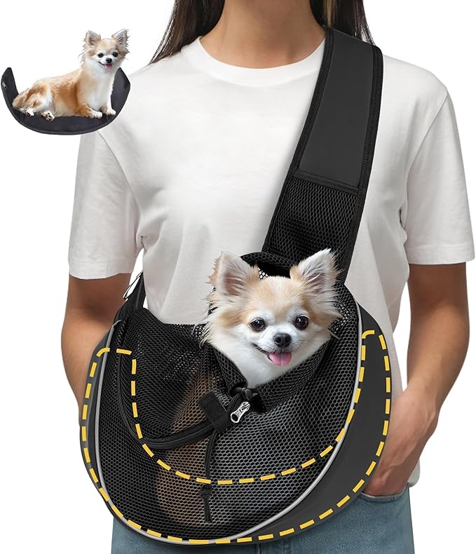 Detachable Hard Bottom Dog Sling for Small Dogs & Cats Up to 10 lbs- Upgraded Breathable Mesh, Adjustable Strap & Large Pocket - Hands-Free Pet Carrier for Travel Walking Hiking (Black Size M)