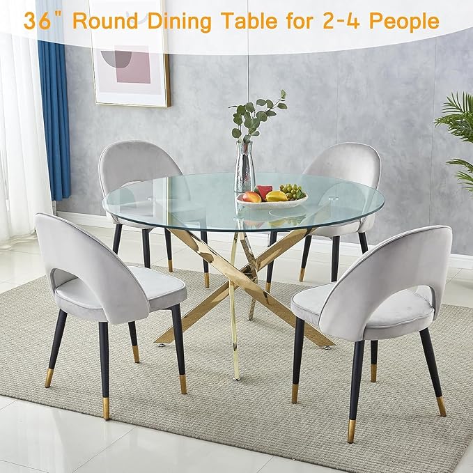36-Inch Round Dining Room Table for 2-4, Modern Small Gold Glass Circle Kitchen Dining Table with Cross-Shape Stainless Steel Legs for Apartment Kitchen Dining Room