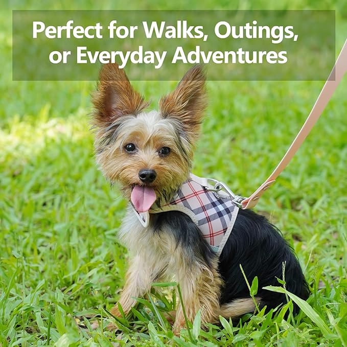 Dog Harness for Small Sized Dog,Hook-and-Loop Easy On/Off, Reflective Adjustable Soft Mesh Vest for Puppy (Checkered Beige,S)