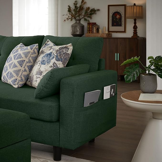 101" Convertible Sectional Sofa with Ottoman Coffee Table, Modern Linen Fabric U-Shaped Couch with Storage Pocket, 4 Seat Sofa Couches for Living Room, Apartment, Office, Green
