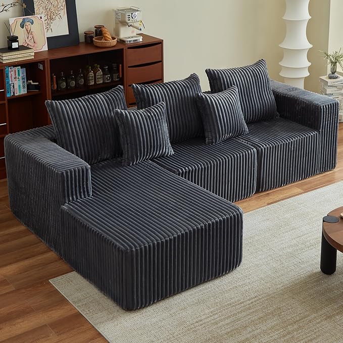Boneless Couch for Living Room-102 Cloud Couch with Deep Seat,L-Shaped Comfy Sofa for Bedroom,Compressed Sofa in a Box,No Assembly Required(Corduroy,Grey)