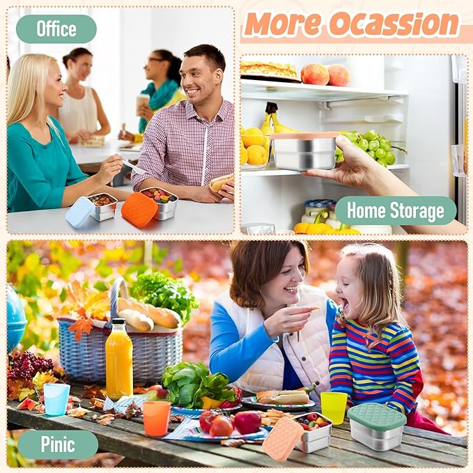 8 Pcs Stainless Steel Snack Containers 8oz & 4oz Easy Open Leak Proof Food Containers with Silicone Lids Reusable 304 Metal Food Box for School Home Picnic (Macaron)