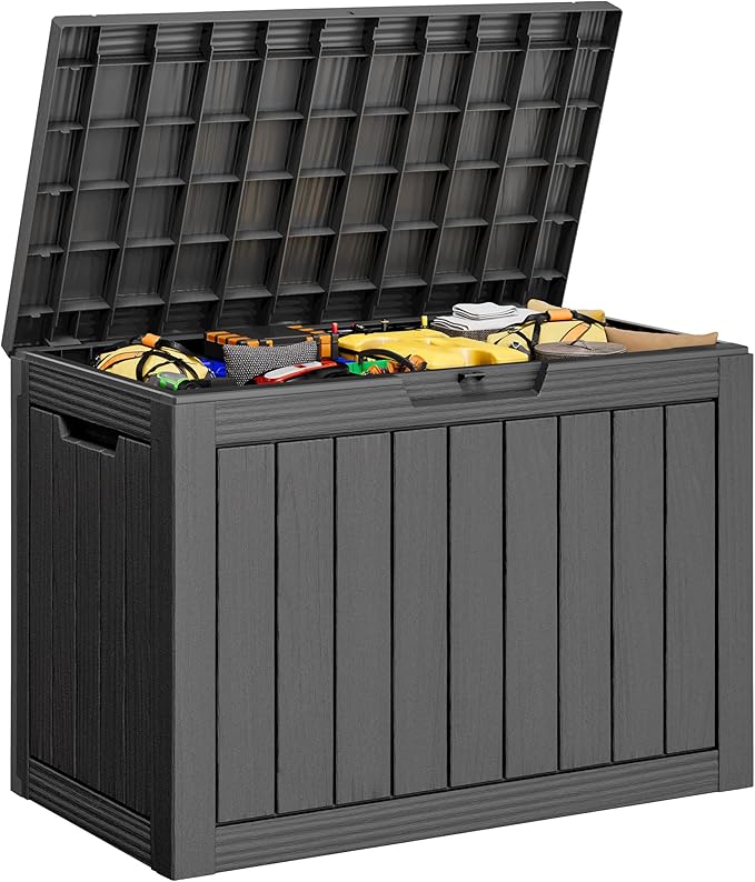 Outdoor Storage Box, Resin Deck Boxes Indoor and outdoor, Waterproof Storage Box Lockable Lid (Black, 45 Gallon)
