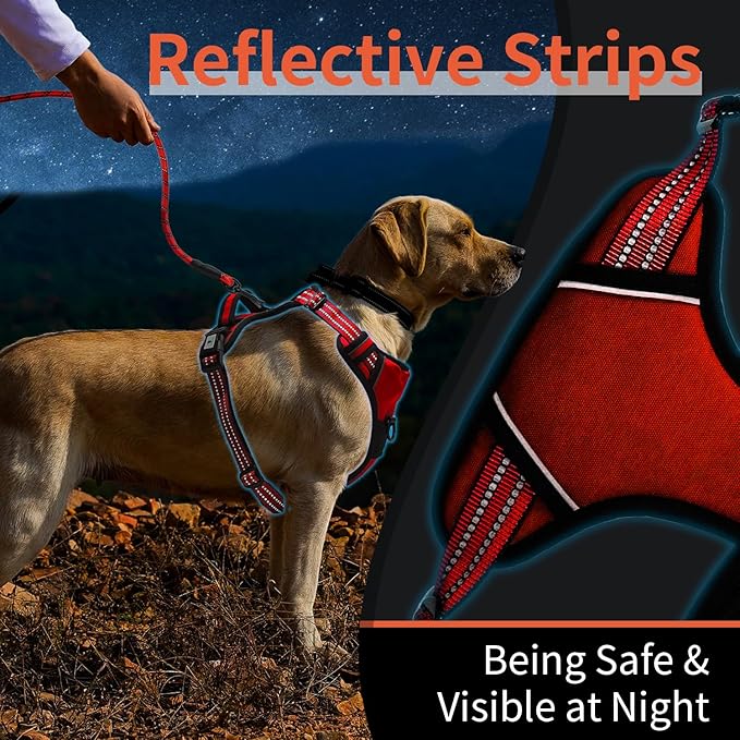 Dog Harness, No-Pull Pet Breathable Harness, Adjustable Soft Padded Dog Vest with 2 Leash Clips, Reflective No-Choke Pet, Easy Control Handle for Large Dogs, Red, S