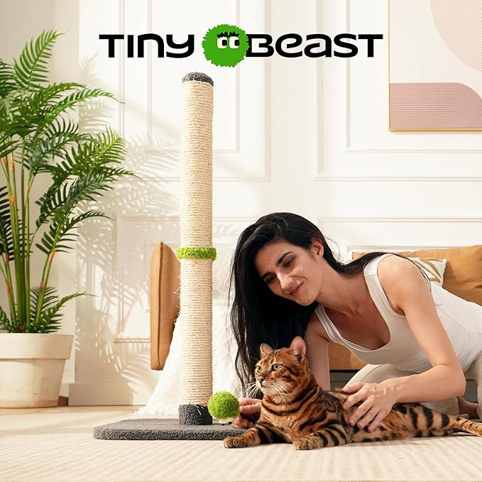 TINYBEAST 34" Tall Cat Scratching Post, Cat Scratcher Featuring Natural Sisal Rope, Cat Tree with Interactive Plush Toy Ball and Stable Base for Indoor Large Adult Cats & Kittens(Grey)