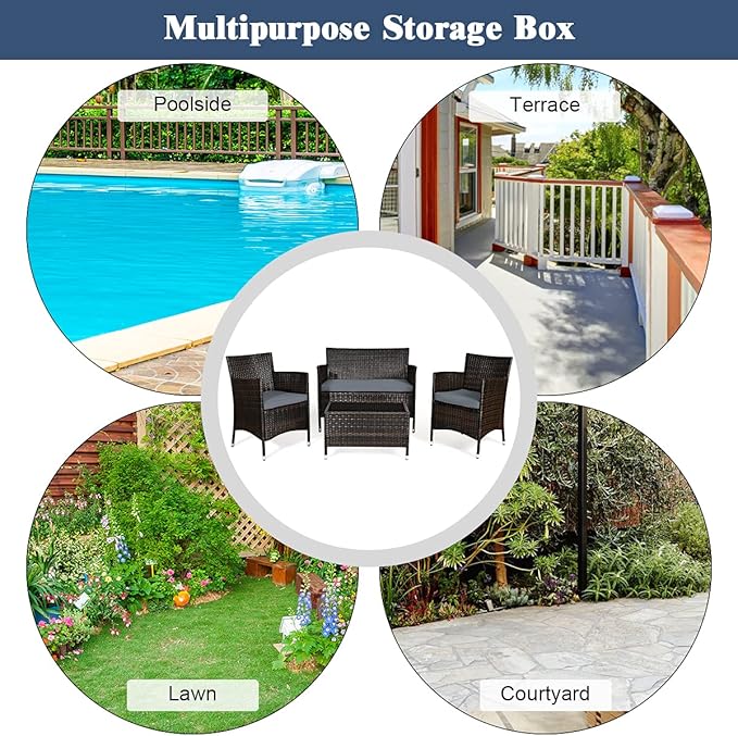 Goplus 4-Piece Rattan Patio Set, Outdoor/Indoor Wicker Conversation Set for Pool, Backyard, Lawn, Wicker Chairs and Sofa with Soft Cushion, Rattan Furniture with Tempered Glass Coffee Table