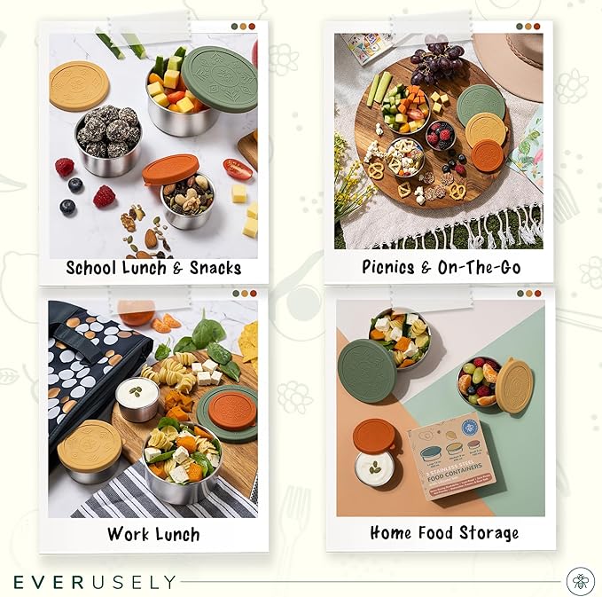 Everusely - Stainless Steel Food Containers - 3 Pack, Muted - Metal Lunch Box - Nesting Snack Containers for Office, Home Food Storage - Leakproof Silicone Lids - Dishwasher and Freezer Safe