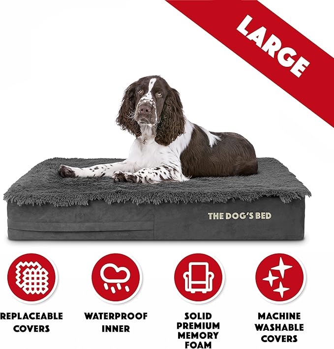 The Dog’s Bed Orthopedic Memory Foam Dog Bed, Large Grey Fur 40x25, Pain Relief for Arthritis, Hip & Elbow Dysplasia, Post Surgery, Lameness, Supportive, Calming, Waterproof Cover