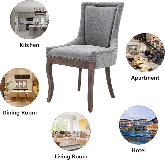 Farmhouse Dining Chairs Set of 2, Upholstered Fabric Dining Room Accent Chairs with Wood Legs & Bronze Nailhead, High Wingback Kitchen Chairs for Living Room Hotel Apartment, Gray