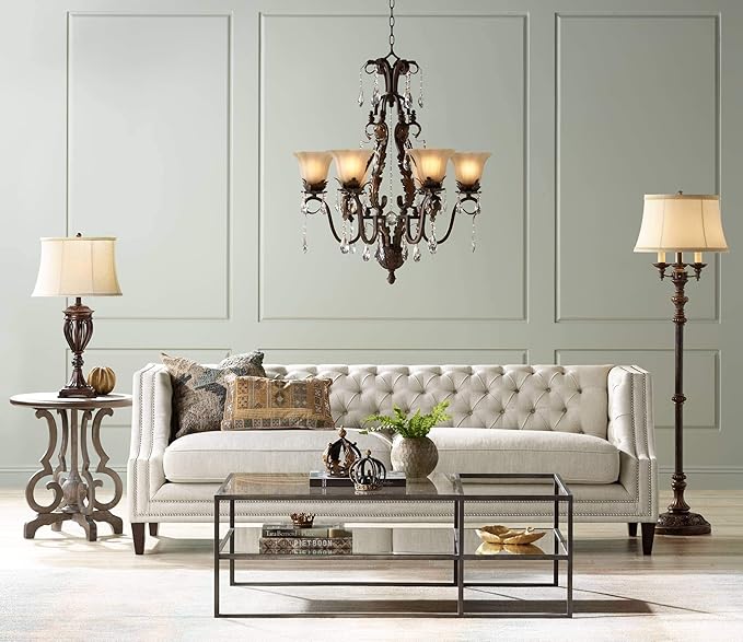 Barnes and Ivy Traditional Italian Standing Floor Lamp Candelabra Style 4-Light 64.5" Tall Bronze Brown Gold Bell Shade with Trim Decor for Living Room Reading House Bedroom Family Home