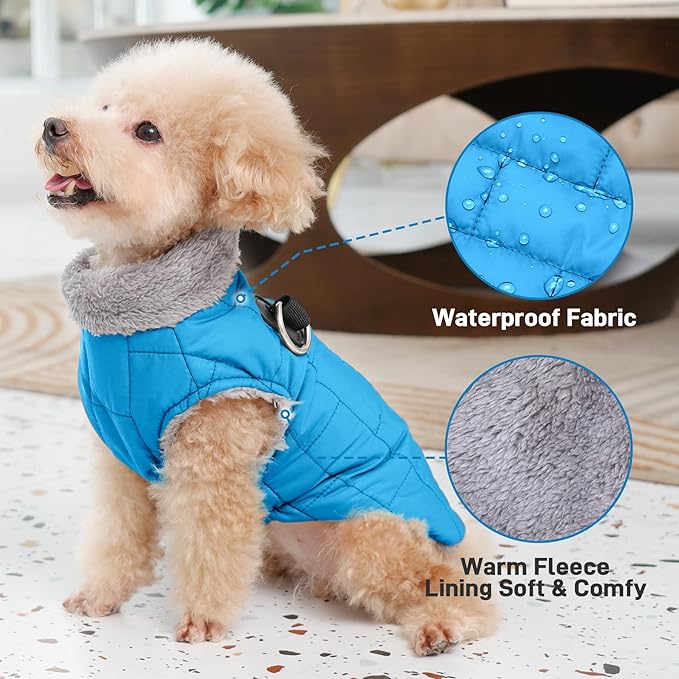 Warm Fleece Dog Coats with Durable Harness Buitl in D-Ring,Waterproof Doggie Jacket for Large Dogs,Dog Vest for Cold Winter,Light Blue XXXL