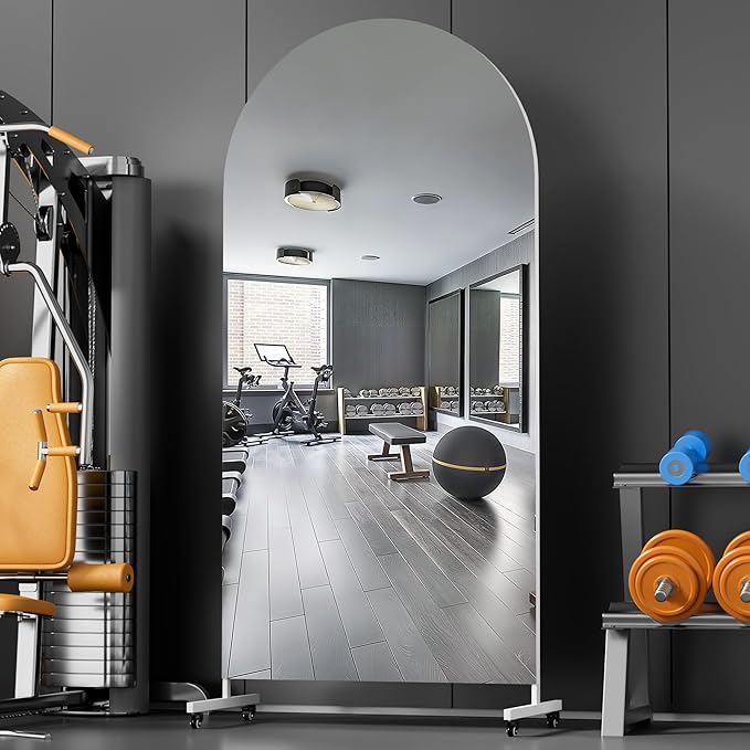 Hasipu 75" x 28" Arched Rolling Home Gym Mirror with Wheels, 360° Swivel Body Mirror with HD Tempered Glass, Large Floor Mirror for Yoga Room, Dance Studio, Bedroom & Home Gym