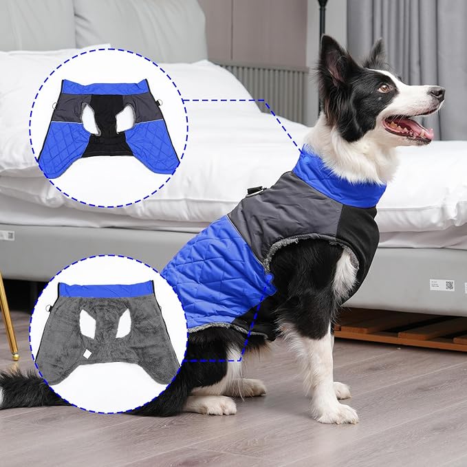 Warm Fleece Dog Coats for Large Dogs,D-Rings Waterproof Puppy Jacket for Cold Winter,Blue XXXL