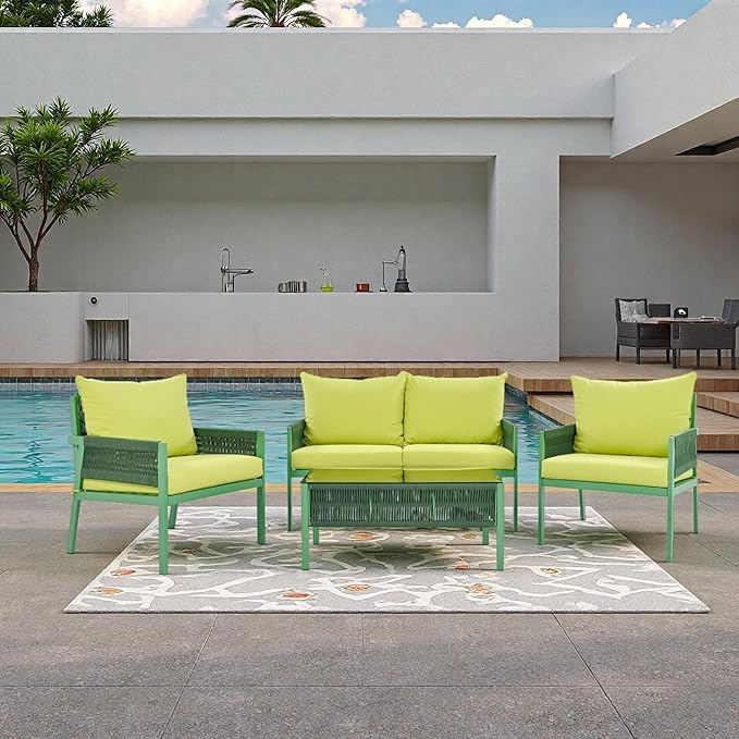 4-Piece Rope Outdoor Furniture Set, Patio Conversation Set with Tempered Glass Table, Rope-Woven Furniture Set with Deep Seat Design for Backyards, Balconies, Fluorescent Yellow & Green