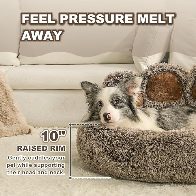 Jiupety Paw Shape Calming Pet Bed, Medium Plush Faux Fur Donut Bed for Dogs & Cats, Machine Washable, Non-Slip Bottom, Extra Large Size (32"×32"×10"), Gray