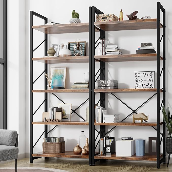 Shintenchi 5 Tiers Bookshelf, Classically Tall Bookcase Shelf, Industrial Book Rack, Modern Book Holder in Bedroom/Living Room/Home/Office, Storage Rack Shelves for Book, Brown
