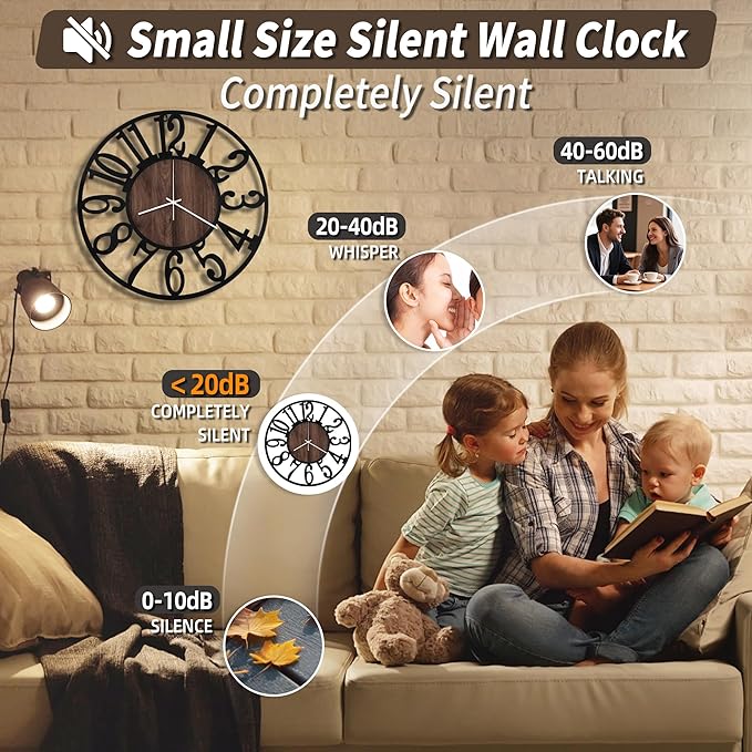 Maxstar Wall Clock Battery Operated,Silent Non-Ticking Modern Rustic Metal Round Clocks Small for Living Room/Bedroom/Office/Kitchen/Farmhouse Home Decor-16 Inch(Brown-Wood)