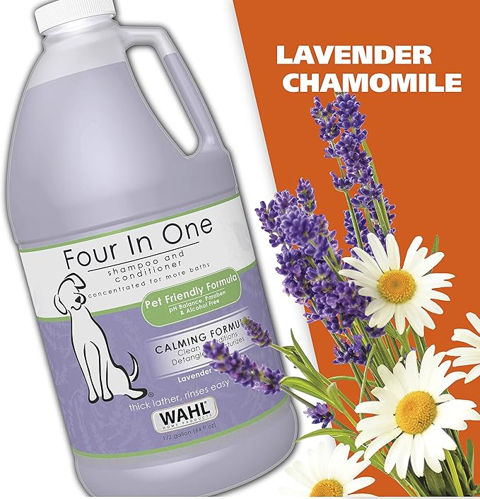 Wahl USA 4-in-1 Calming Pet Shampoo for Dogs with a Lavender Chamomile Scent – Cleans, Conditions, Detangles, & Moisturizes - Pet Friendly Formula – 64 Oz - Model 821000-050