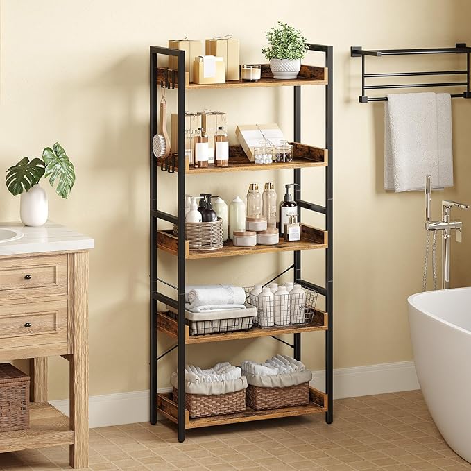 Rolanstar Bookshelf 5 Tier with 4 Hooks, Industrial Wood Bookcase, Vintage Storage Rack with Open Shelves, Rustic Standing Bookshelves Display Rack for Living Room, Bedroom, Rustic Brown