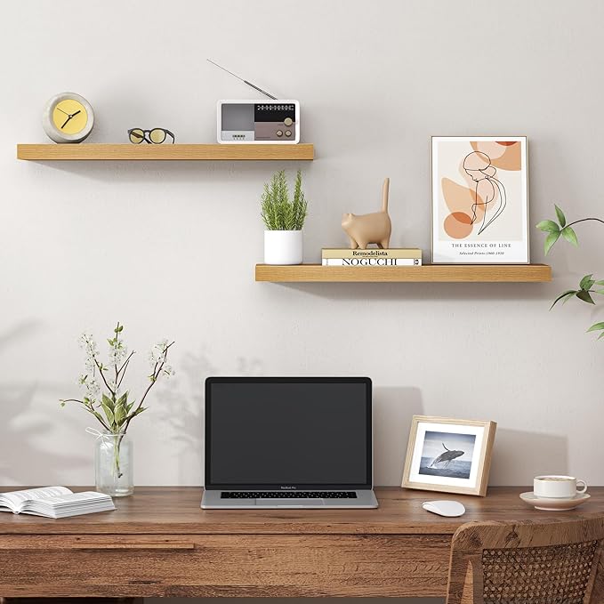 Heimlove 24 Inch Floating Shelves for Wall,Mounted Storage Wood Shelves with Invisible Brackets Hanging Shelf for Bedroom,Living Room,Kitchen,Office,Set of 2,Oak Color