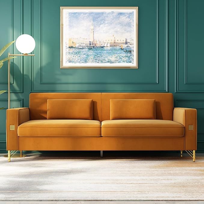 2PCS 85.63" Orange Velvet Sofa,Modern Loveseat Couch with Pillows Set of 2 for Living Room,Bedroom,Apartment Furniture with Gold Metal Legs