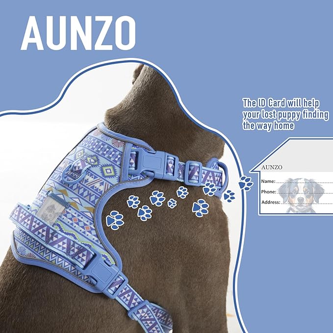 Dog Harness for Medium Large Dogs, No Pull Pet Harness with 2 Leash Clips, Adjustable Soft Padded Dog Vest, Reflective Pet Oxford Vest with Easy Control Handle, Blue Ethnic M