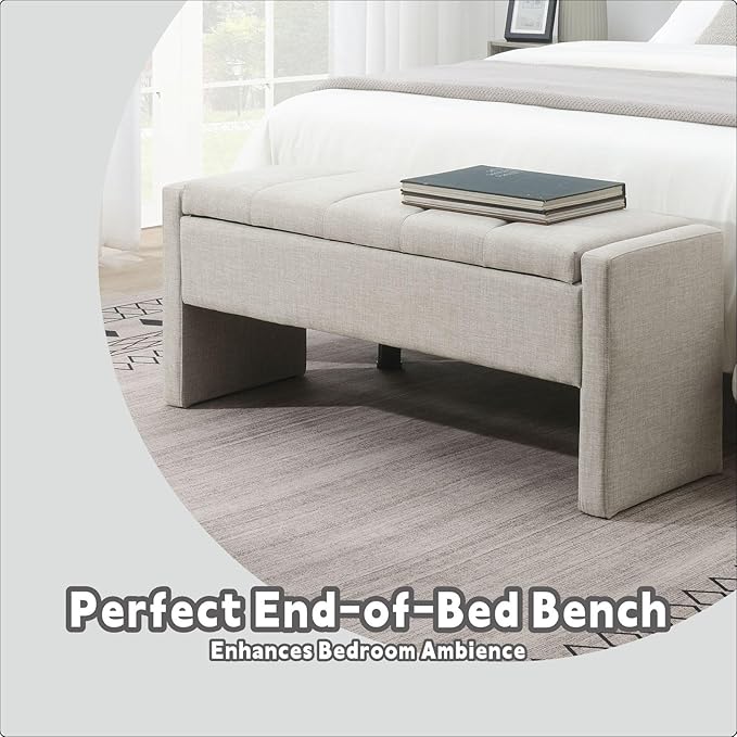 47.25'' Ottoman with Storage, End of Bed Storage Bench, Entryway Bench - Linen Upholstered Multi-Functional Footrest for Bedroom, Living Room, Dorm & Window Bench (Light Grey)