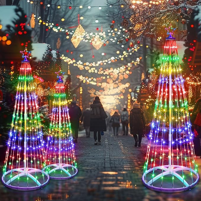 5 Pack 4/4/5/5/6 FT Christmas LED Cone Tree Lights Outdoor Decorations24 Modes Color Changing with Timer Foldable Lighted Tree Waterproof String Lights Holiday Decor for Christmas New Year Xmas