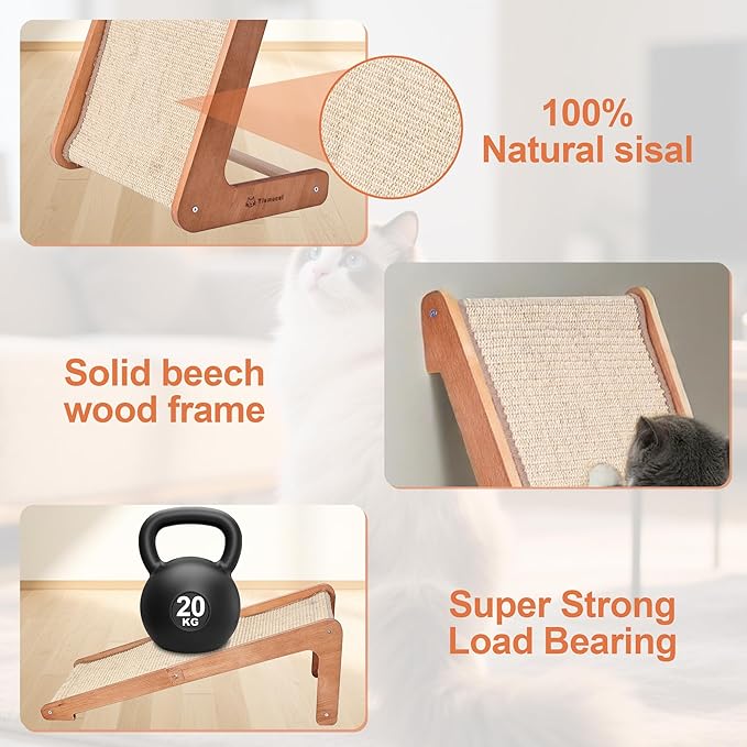 Extra-Larger Cat Scratching Post - Beechwood Base, 28.5" Natural Sisal Woven Cat Scratch Pad, Durable Cat Scratcher Ramp, Furniture Protector for Cats' Clawing and Play
