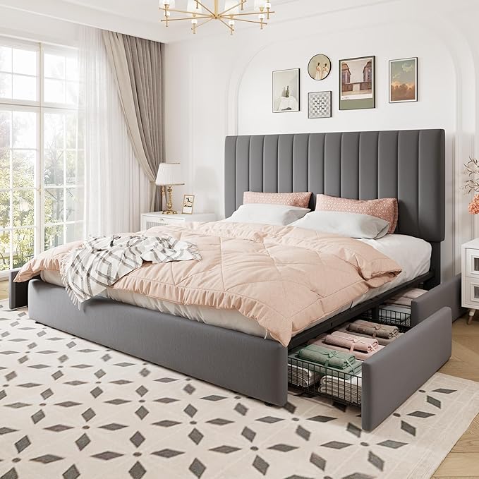 Allewie King Size Storage Bed Frame, Vertical Channel Tufted Adjustable Headboard, Velvet Upholstered Platform Bed with 4 Oversized Underbed Drawers, Wooden Slats Support, No Box Spring Needed, Grey