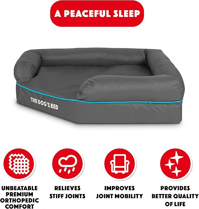 The Dog’s Bed Medium Support Memory Foam Waterproof Corner Dog Bed, Large, Grey & Blue Trim, Eases Pet Arthritis & Hip Dysplasia Pain, Therapeutic & Supportive, Washable Oxford Fabric Cover