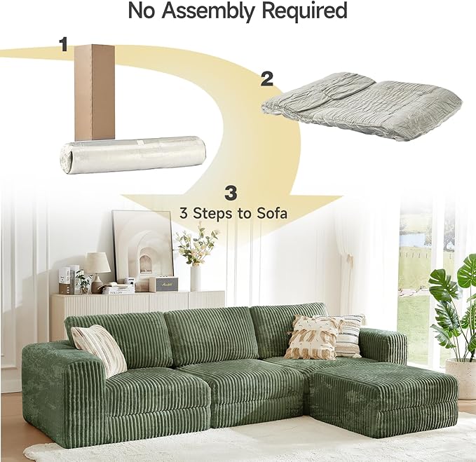 ONBRILL 110" Modular Sectional Sofa, L Shaped Couch 4 Seater with Sleeper Chaise, Sectional Couch with Deep Seat,Upholstered Corduroy Cloud Couches for Living Room,Bedroom,No Assembly Required,Green