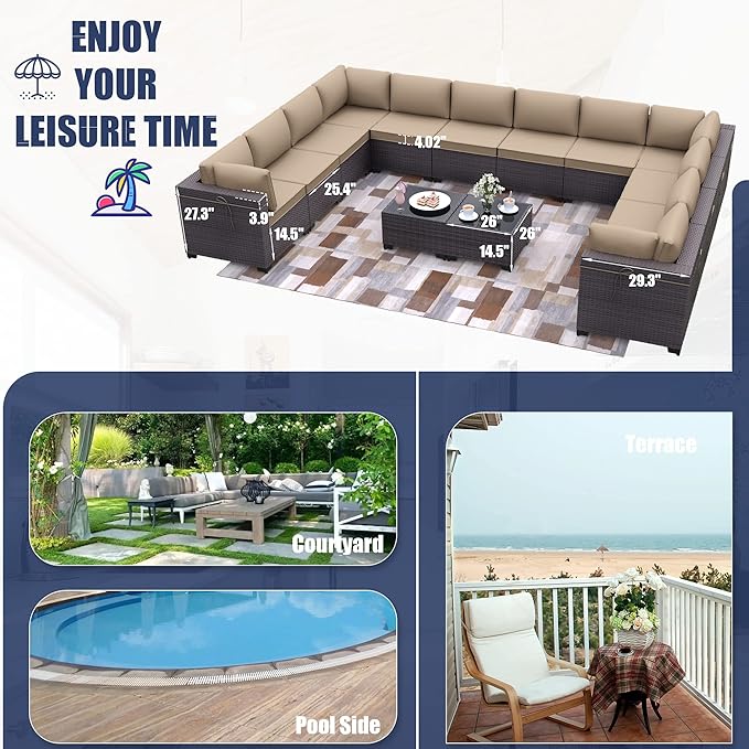Kurapika 14 Pieces Patio Furniture Set, Rattan Wicker Outdoor Conversation Sets w/4 Inch Cushion and Glass Coffee Table(Sand)