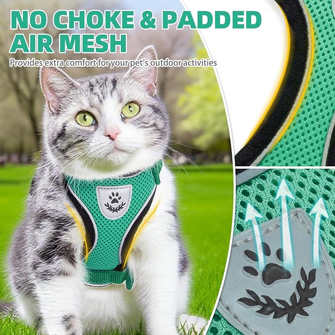 PUPTECK Cat Harness and Leash Set Escape Proof Reflective Cat Walking Harness Adjustable Soft Breathable Mesh Vest for Small Pets, Dark Green, S