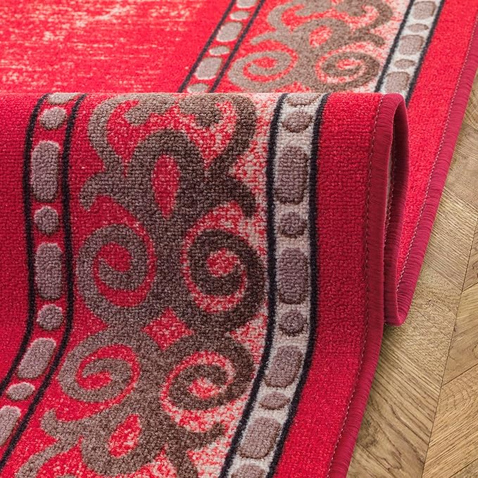 Antep Rugs Alfombras Bordered Modern 3x5 Non-Slip (Non-Skid) Low Pile Rubber Backing Indoor Area Rug (Red, 3' x 5')