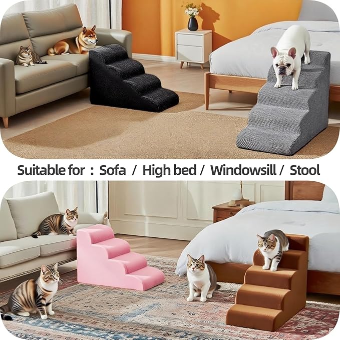 5 Step Pet Stairs Ramp for High Beds Sofas 5-30 Inch with Sturdy Non Slip Waterproof Pads, Machine Washable Cover Indoor Balanced Design for Cats Dogs Small Medium Large XL Pets Grey (Black, Large, 1)