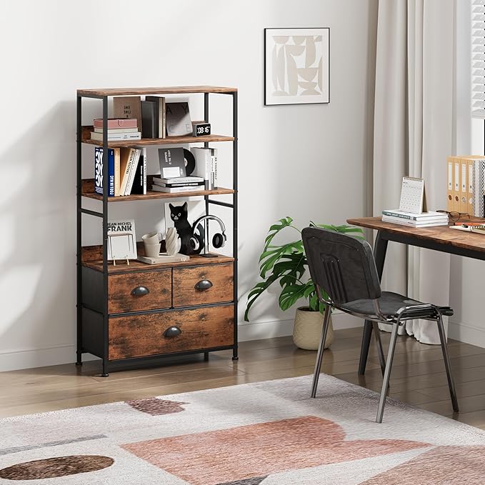6 Tier Bookshelf, 47-Inch Small Bookcase with 3 Fabric Storage Drawers, Wood and Metal Book Shelf Storage Organizer, Industrial Display Standing Shelf Unit for Bedroom, Living Room, Rustic Brown