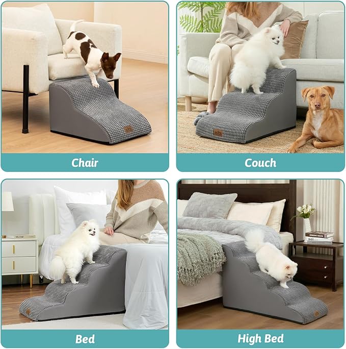 Dog Stairs for Small Dogs 19.7" H, Curved Dog Step for Puppy, Older or Cat, Medium Pet Ramp for Sofa, Couch or Bed, Ladder with High Density Foam, 15.7x28.3x19.7 inch, 4 Step, Dark Grey