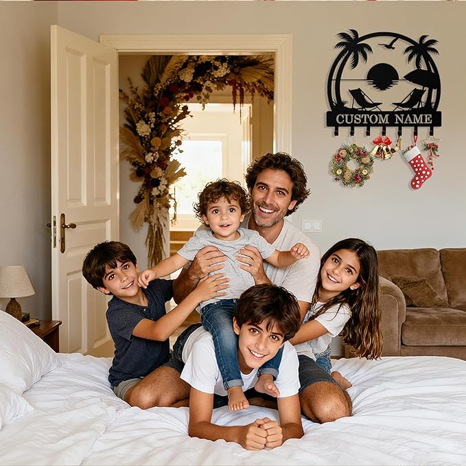 Personalized Beach Key Holder Wall Mount, Custom Metal Keys Hanger for Wall with Name, Custom Key Rack Holder with Hooks for Home, Entryway, Front Door, Living Room, Kitchen, Bathroom