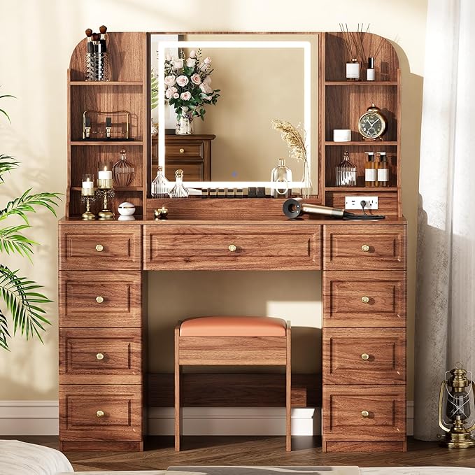 43" Makeup Vanity Desk with Mirror and Lights, & Power Outl, Glass Top Big Vanity Table with 9 Drawers& 8 Storage Shelves, Dressing Table Set with Chair for Bedroom, Brown