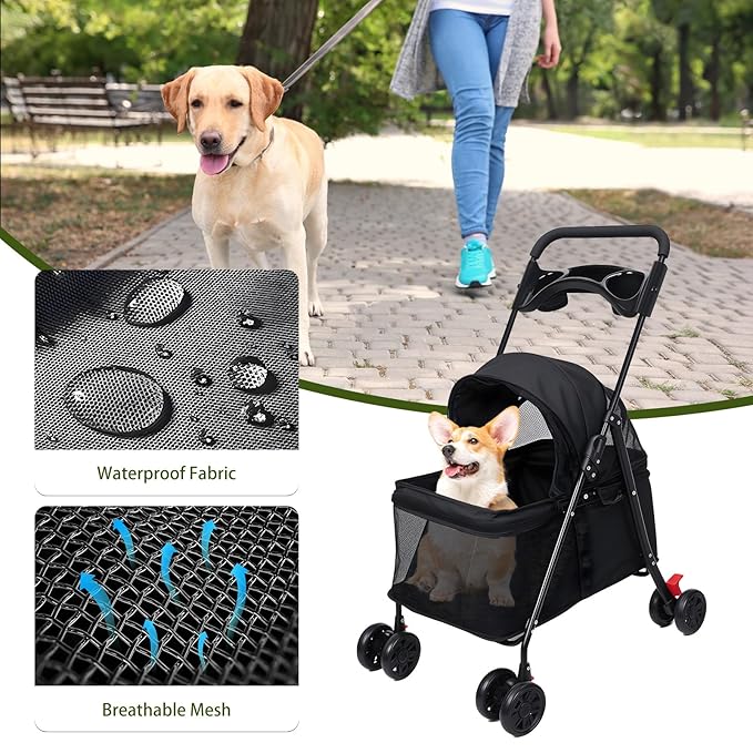 Pet Stroller, Dog Stroller for Small and Medium Dogs Cats with 360° Wheels, Folding Puppy Strollers with Dual Brake, Large Storage Basket, Breathable Mesh, Cup Holder, Removable Top (Navy Blue)