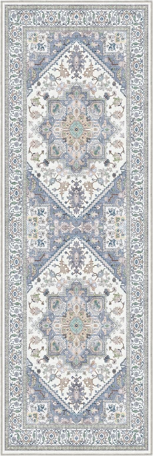 OPPODREAM Thin Entryway Rug 2x6, 2x6 Rug Runner, Washable Hallways Carpet 2 x 6 with Non Slip Backing, Low-Pile Bedside Carpet 2 x 6, Long, Faux Cashmere, Purple & Green & Cream