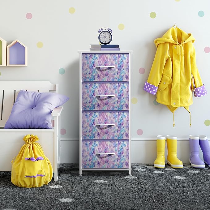 Sorbus Dresser Storage Tower, Organizer Drawers For Closet Boys & Girls Bedroom Bedside Furniture, Chest for Home, College Dorm, Steel Frame, Wood Top, Tie-dye Fabric Bins (4-Drawer, Blue/Pink/Purple)