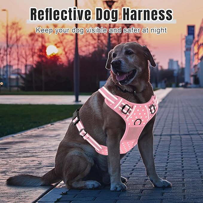 Rnivvi No Pull Dog Harness, Cute Reflective Medium Sized Puppy Kitten Harness, Adjustable Soft Padded Vest for Medium Dogs, Heavy Duty Pet Vest with Easy Control Handle for Walking, Pink Hearts