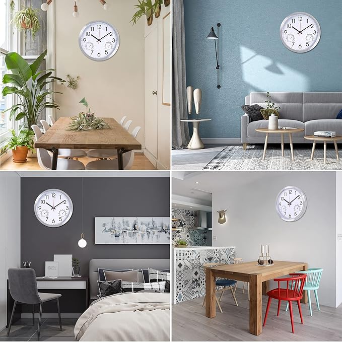14Inch Wall Clock Battery Operated Aluminum Frame Wall Clocks, Silent Wall Clocks with Temperature & Humidity, Decorative for Home Housewarming Living Room