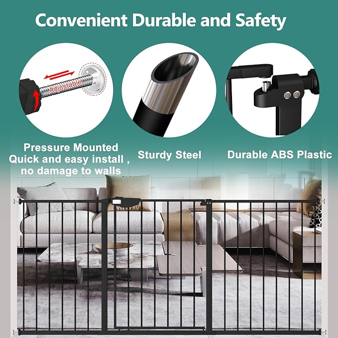 ALLAIBB Triple Lock Extra Wide Baby Gate Pressure Mounted Walk Through Safe Auto Close Black Metal Dog Pet Puppy Cat for Stairs,Doorways,Kitchen 49.21-67.32"