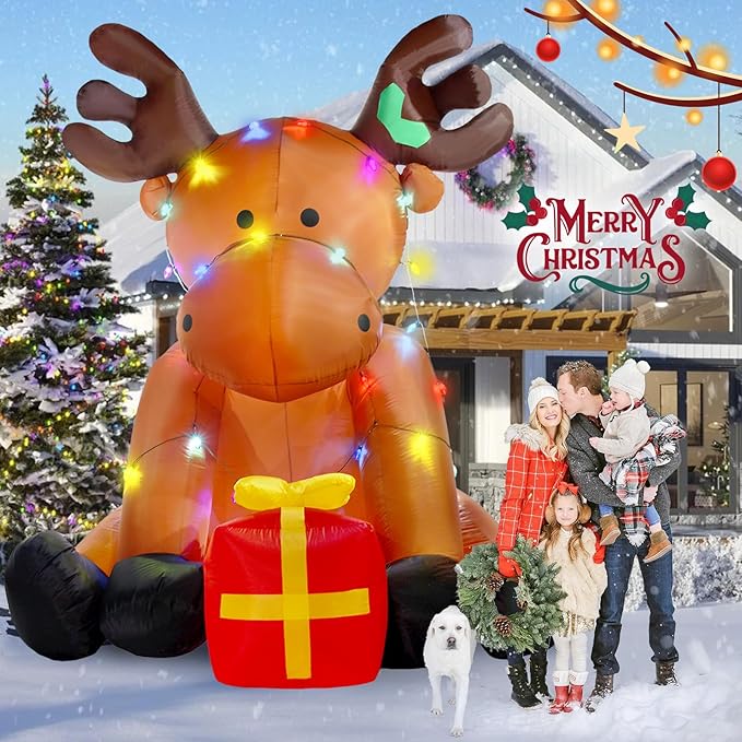 8 FT Christmas Inflatable Outdoor Decorations, Giant String Lights Reindeer Blow up Yard Decor with Red Gift Box, 26 LED Lights Xmas Holiday Decorations for Outside Lawn Garden Indoor