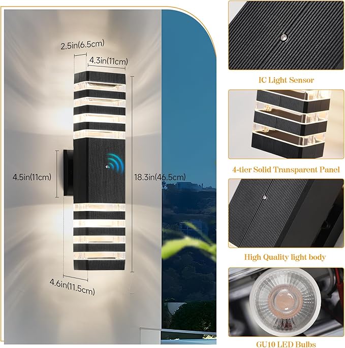 18.3 Inches Dusk to Dawn Outdoor Lighting,Up and Down Exterior Light Fixtures with 4 * 7W LED Bulbs,Waterproof Modern Long Outdoor Wall Light,Black Outdoor Porch Light for House,6 Packs