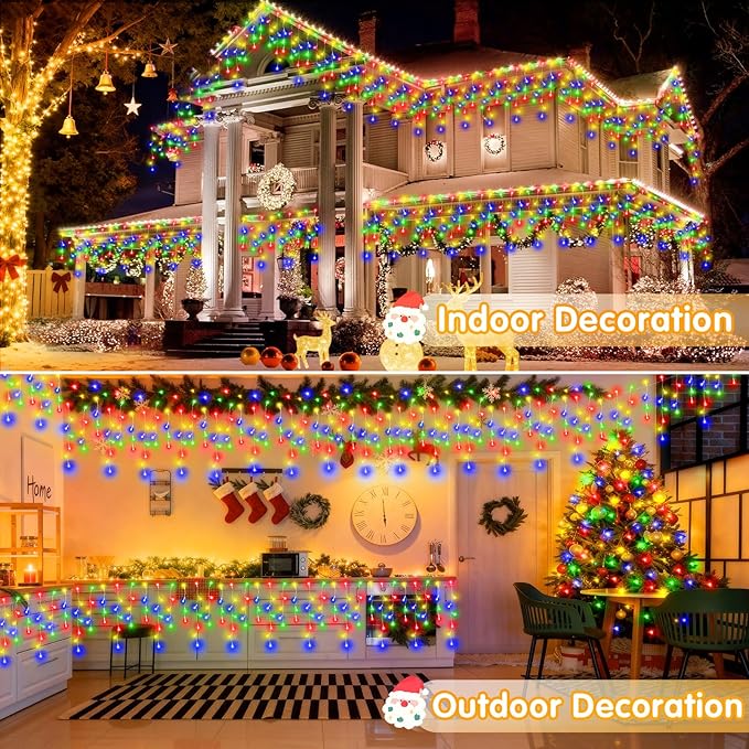 Hezbjiti Christmas Decorations Lights Outdoor, 400 LED 32.8 FT 8 Modes 75 Drops Fairy String Curtain Lights for Christmas Decor Eaves Window Party Yard Garden Indoor (Multicolor, 400LED 33FT)